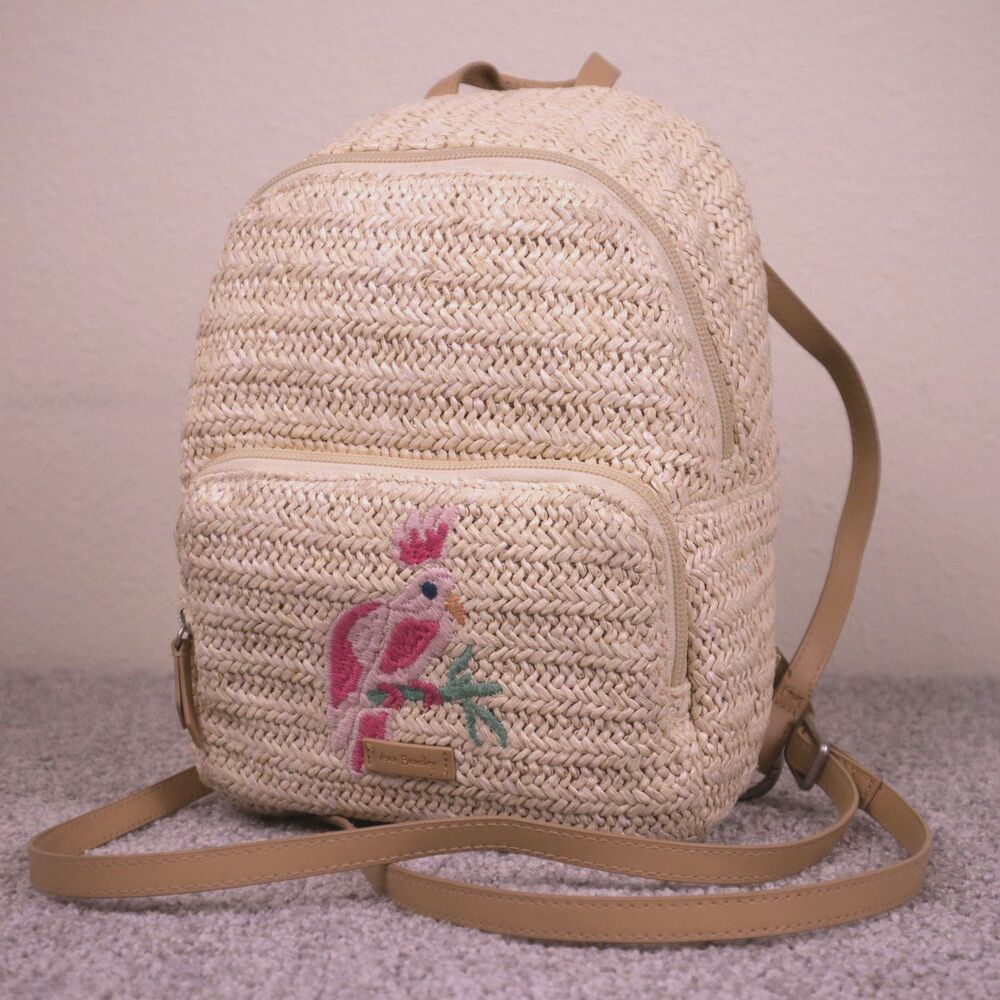 Vera Bradley Straw Backpack Pink Parrot Size Medium Cute Tropical Summer Travel